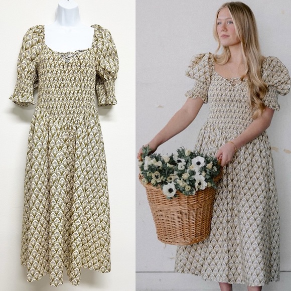 AUREUM The Label The Nikkia Olive Botanical Print Midi Cottagecore Dress Size S - Picture 1 of 10